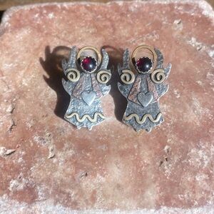 Vintage Artist Made Catherine McElroy Angel Earrings Sterling, Copper, Brass